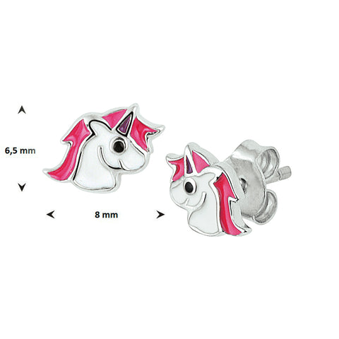 Kinderoorknoppen Eenhoorn met emaille van Gerhodineerd Zilver - Formaat 8 x 6.5 mm