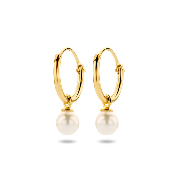 14 Karaat Geelgouden Oorringen met Hangers met Parel 4mm - Diameter 11mm