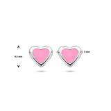 Gerhodineerd Zilveren kinderoorknoppen Hartvorm met roze emaille  - Formaat 5 x 4.5 mm