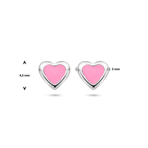 Gerhodineerd Zilveren kinderoorknoppen Hartvorm met roze emaille  - Formaat 5 x 4.5 mm