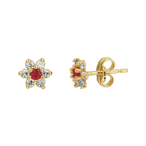 14 Karaat Geelgouden oorknoppen met Robijn 0.094ct (2x 0.047ct) en Zirkonia - formaat 5.4 x 6 mm