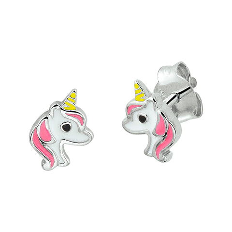 Kinderoorknoppen Eenhoorn met emaille van Gerhodineerd Zilver - Formaat 6.3 x 7.5 mm