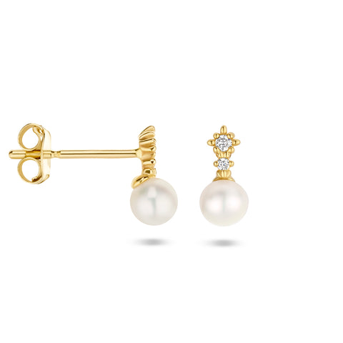 Oorknoppen met Parel 3.5mm en Zirkonia van 14 Karaat Geelgoud - Formaat 3.5x7.5mm