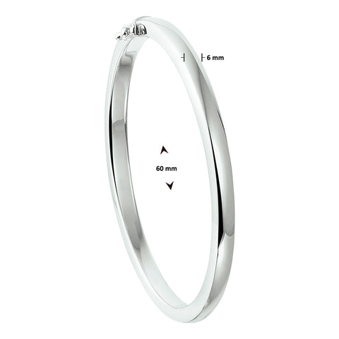 Damesarmband 6mm, Bangle van Gerhodineerd Zilver, Bolle, massieve buis met scharnier - Diameter 60mm