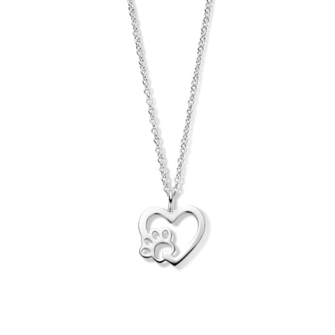 Damescollier 1.2mm van Gerhodineerd Zilver, Anker schakel met Hart, hondenpoothanger - Lengte 41+4cm