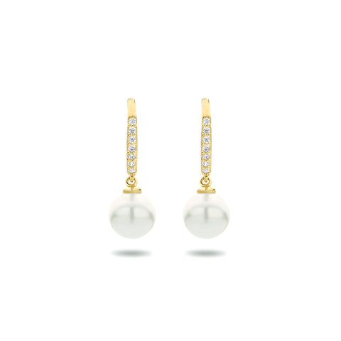 14 Karaat Geelgouden oorhangers met Parel 6mm en Zirkonia - Franse Haak