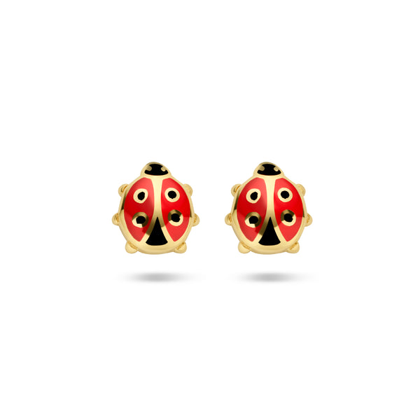 14 Karaat Geelgouden Kinderoorknoppen Lieveheersbeestje met emaille - Formaat 6.5 x 7 mm