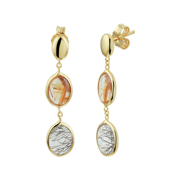 Oorhangers van 14 Karaat Geelgoud met Rutiel Kwarts - Hoogte 30mm