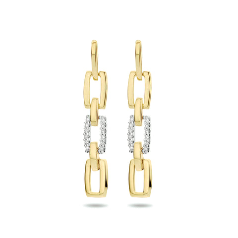 Oorhangers Schakelmotief met Diamant 0.10ct (2x0.05ct) Bicolor 14 Karaat Geel- en Witgoud - Formaat 5x30mm