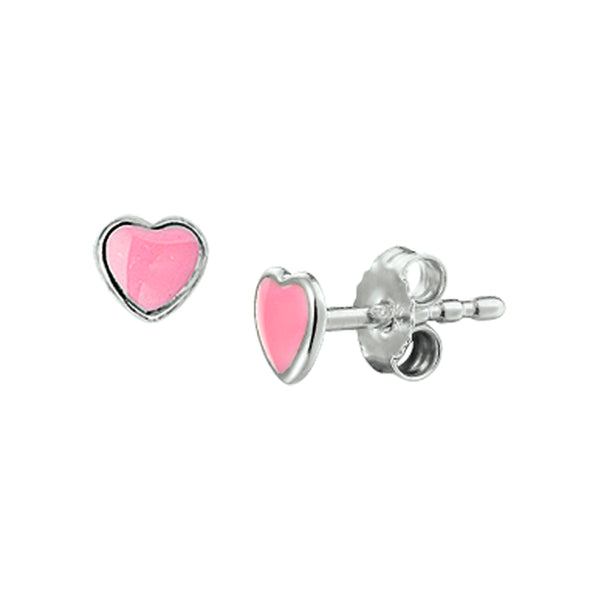 Gerhodineerd Zilveren kinderoorknoppen Hartvorm met roze emaille  - Formaat 5 x 5 mm