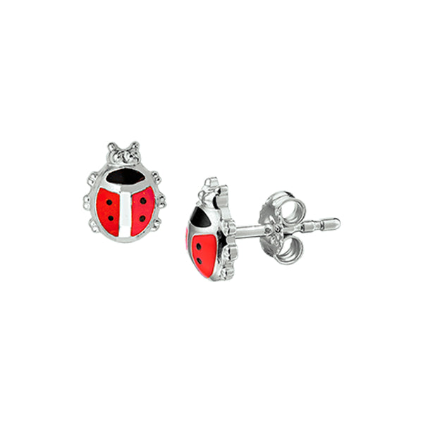 Kinderoorknoppen Lieveheersbeestje met emaille van Gerhodineerd Zilver - Formaat 6.5 x 8 mm