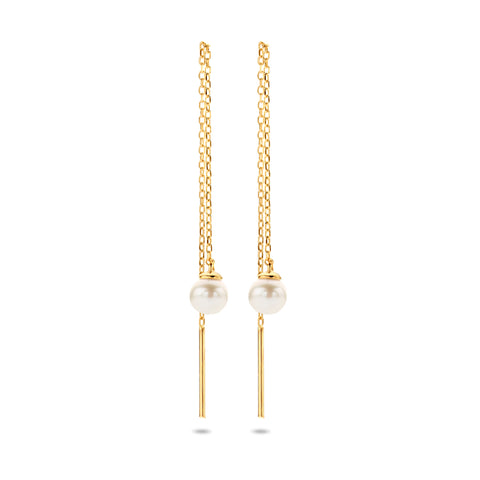 14 Karaat Geelgouden Doortrekoorbellen lengte 6.7 cm met Zoetwater Parel 4.5mm