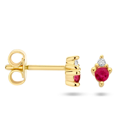 Oorknoppen met Robijn 0.14ct (2x 0.07ct) en Diamant 0.02ct (2x 0.01ct) 14 Krt. Geelgoud