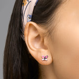 Kinderoorknoppen Vlinder met roze emaille van Gerhodineerd Zilver - Formaat 8 x 6.5 mm