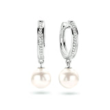 14 Karaat Witgouden Oorringen met Parel 7mm en  Diamant 0.04ct (2x 0.02ct) - Diameter 13.5mm