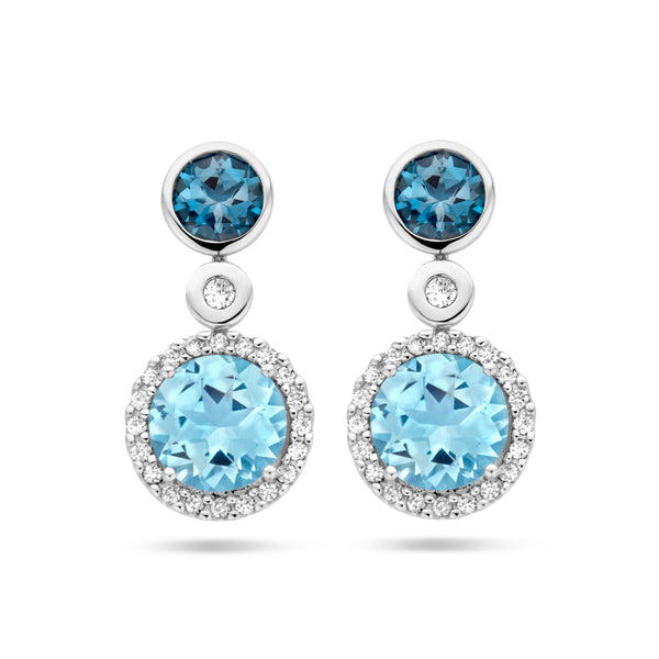 Oorhangers met London Blue Topaas, Sky Blue Topaas en Diamant 0.16ct - Formaat 8.5 x 17 mm