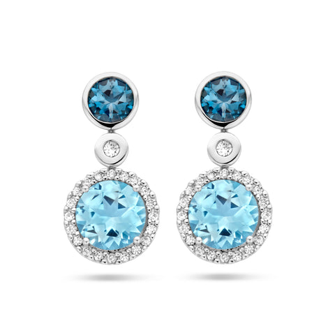 Oorhangers met London Blue Topaas, Sky Blue Topaas en Diamant 0.16ct - Formaat 8.5 x 17 mm