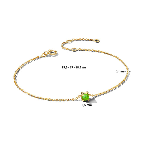Damesarmband van 14 Karaat Geelgoud met Geboortesteen Peridoot Augustus - Lengte 15.5+3cm
