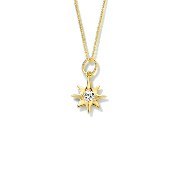 Geelgouden collier lengte 41cm+4 - Poolster hanger met  Zirkonia - 14Krt. Goud