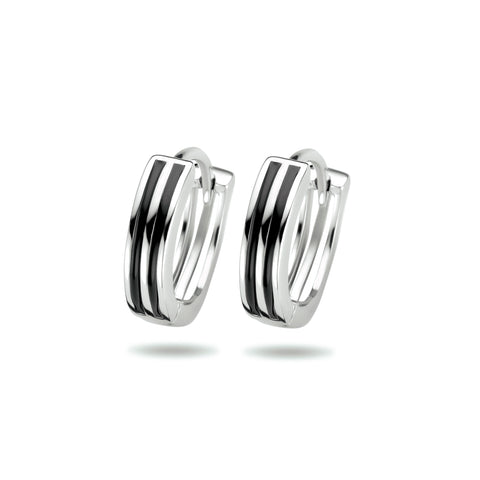 Gerhodineerd Zilveren Klapoorringen Zwart emaille - Diameter 13 mm