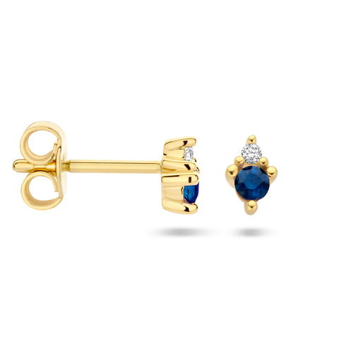 Oorknoppen met Saffier 0.15ct (2x 0.075ct) en Diamant 0.02ct (2x 0.01ct) met 14 Karaat Geelgoud - Formaat 3.5x5mm