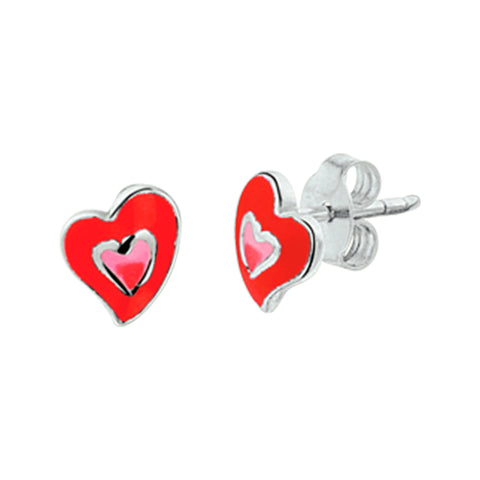 Gerhodineerd Zilveren kinderoorknoppen Hartvorm rood/roze met emaille  - Formaat 7 x 6 mm