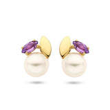 Oorknoppen van 14 Karaat Geelgoud met Parel en Amethist  0.20 ct (2 x 0.10 ct)