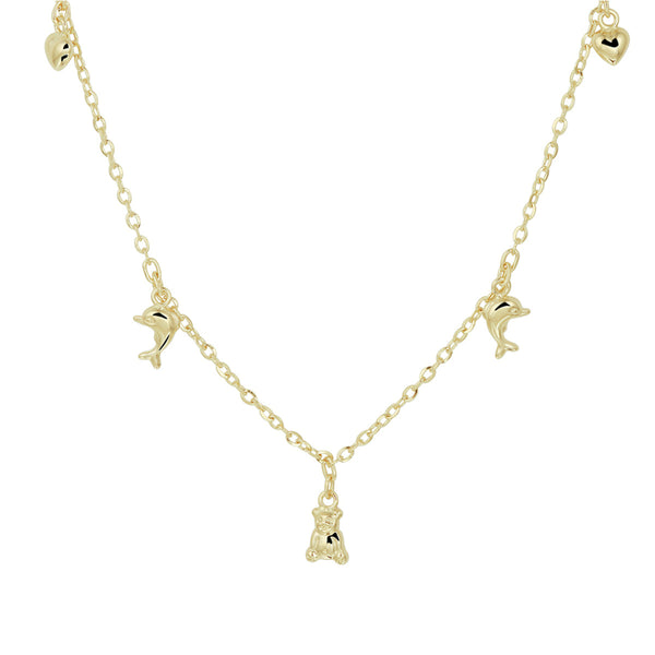 Geelgouden collier lengte 36cm+2 - Vijf Bedels, Hart, Beer, Dolfijn - Anker 1.5 mm - 14Krt. Goud