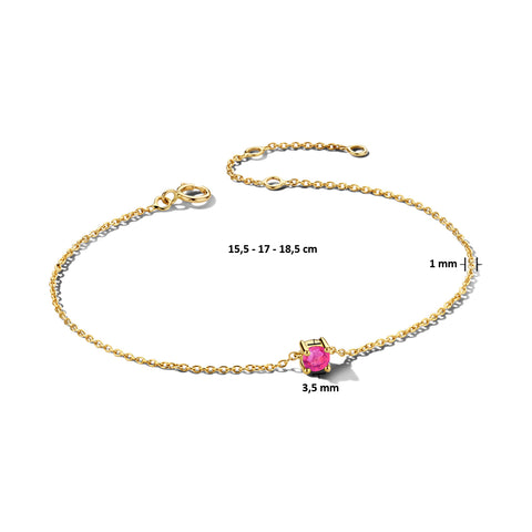 Damesarmband van 14 Karaat Geelgoud met Geboortesteen Roze Toermalijn - Lengte 15.5+3cm