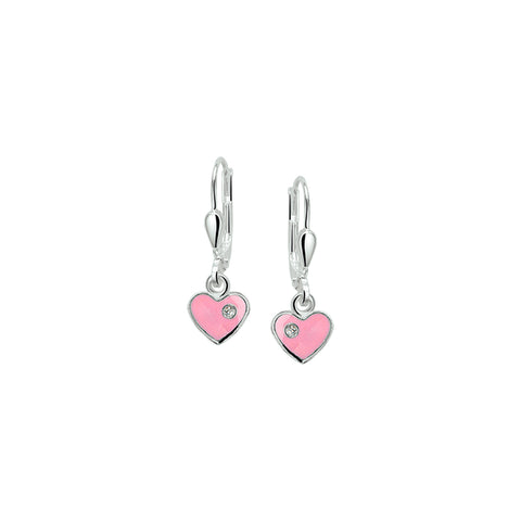 Gerhodineerd Zilveren kinderoorhangers met Hart met emaille en Zirkonia, Brisur Haak - Formaat 6.5 x 21 mm