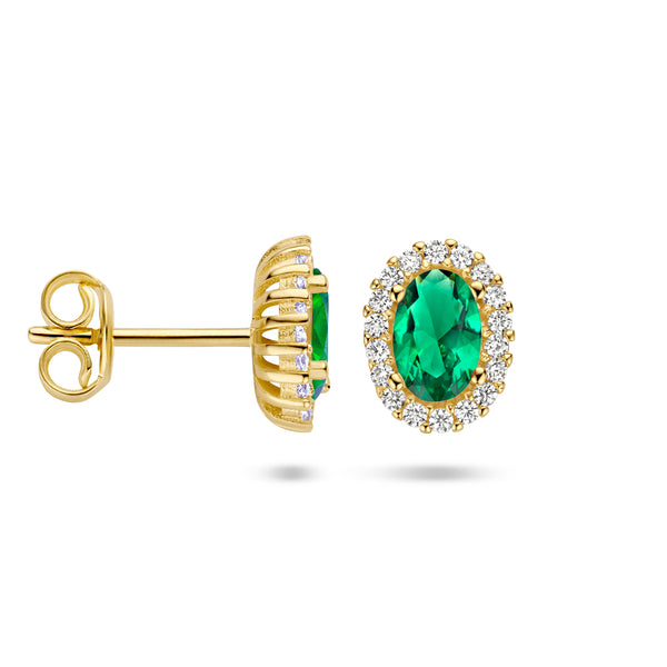 Oorknoppen met Groen en Wit Zirkonia met 14 Karaat Geelgoud - Formaat 7x8.5mm