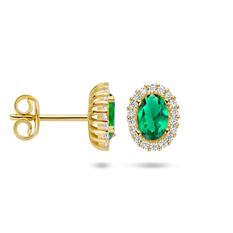 Oorknoppen met Groen en Wit Zirkonia met 14 Karaat Geelgoud - Formaat 7x8.5mm