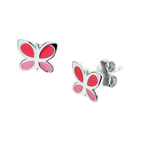 Kinderoorknoppen Vlinder met roze emaille van Gerhodineerd Zilver - Formaat 8 x 6.5 mm
