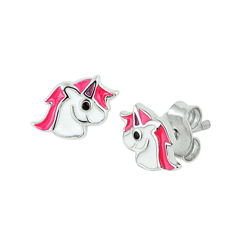 Kinderoorknoppen Eenhoorn met emaille van Gerhodineerd Zilver - Formaat 8 x 6.5 mm