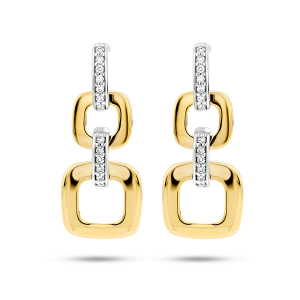 Oorhangers Schakelmotief met Diamant 0.11ct (2x 0.055ct) Bicolor 14 Karaat Geel- en Witgoud - Formaat 9.5x24mm