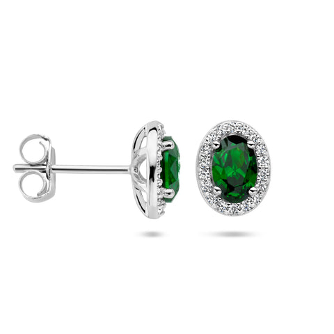 Oorknoppen Groen En Wit Zirkonia Halo Zilver Gerhodineerd