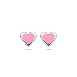 Gerhodineerd Zilveren kinderoorknoppen Hartvorm met roze emaille  - Formaat 5 x 4.5 mm