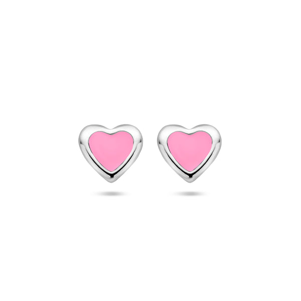 Gerhodineerd Zilveren kinderoorknoppen Hartvorm met roze emaille  - Formaat 5 x 4.5 mm