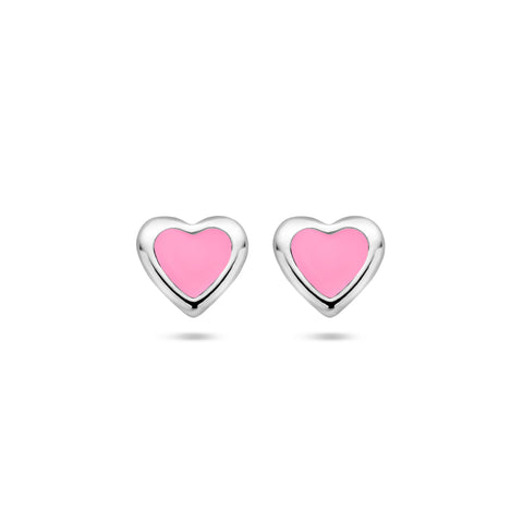 Gerhodineerd Zilveren kinderoorknoppen Hartvorm met roze emaille  - Formaat 5 x 4.5 mm