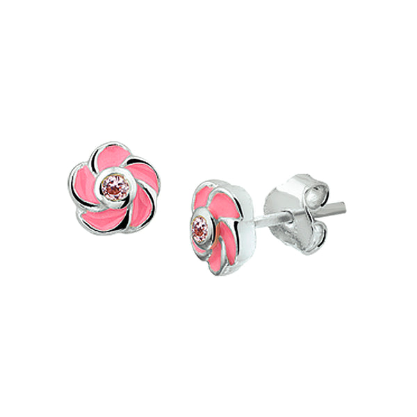 Oorknoppen van 925 Zilver met Roze Bloem en Roze Zirkonia - Diameter 6.5 mm