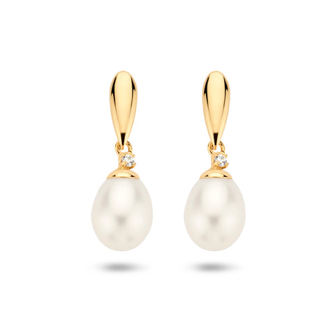 14 Karaat Geelgouden Oorhangers met Parel 7.5mm en Zirkonia - Hoogte 19mm