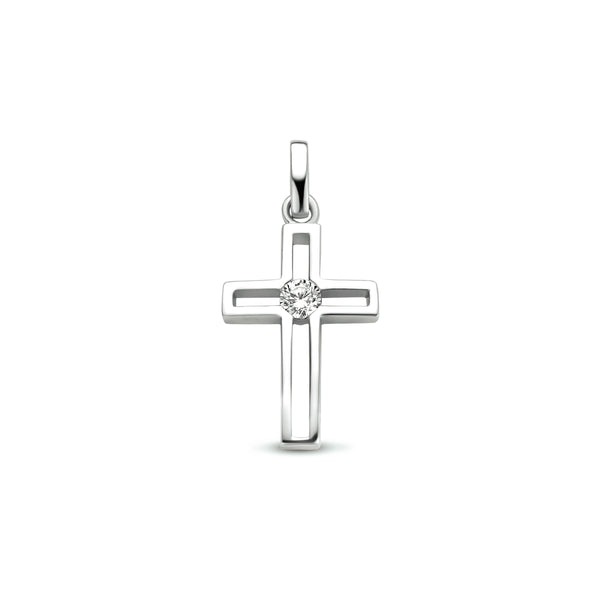 Kruis hanger met Zirkonia van Gerhodineerd Zilver, formaat 11.5 x 23 mm
