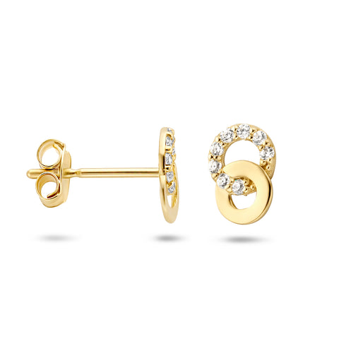 Oorknoppen Twee Cirkels met Zirkonia van 14 Karaat Geelgoud - Formaat 4.6x6.5mm